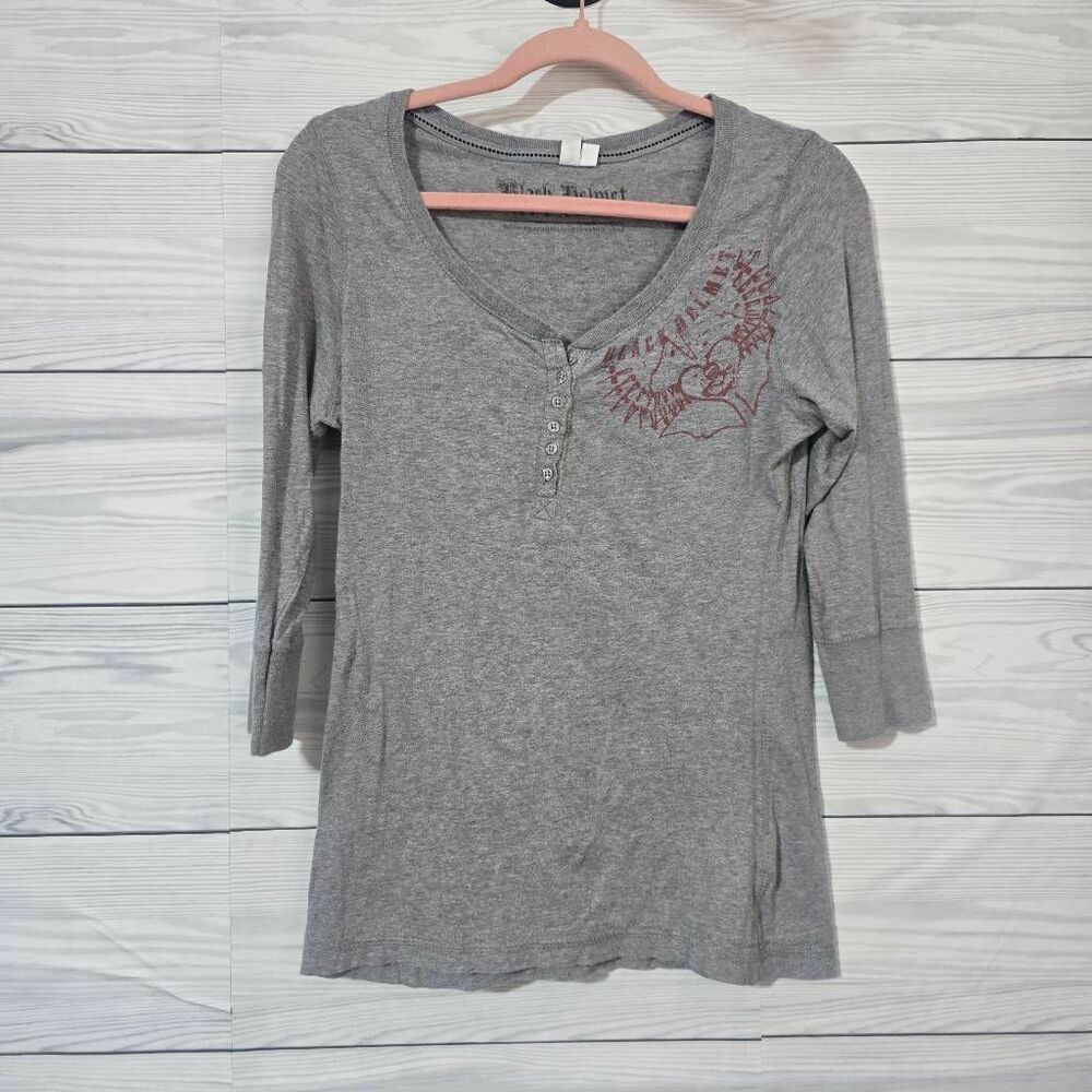 Black Helmet Apparel Grey Graphic Henley Large Moto Biker Y2K Inspired Punk